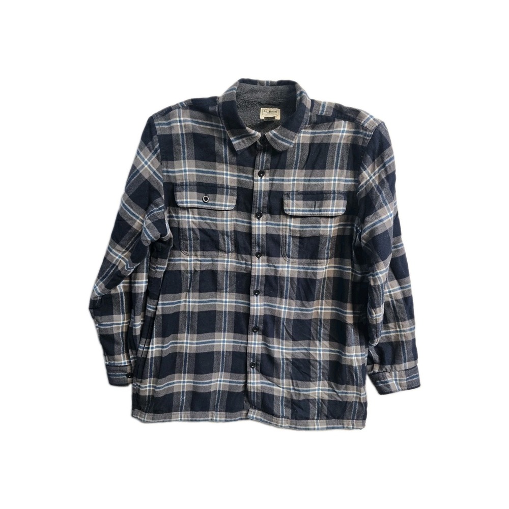 LL Bean Mens Fleece Lined Flannel Shacket Size L Blue Plaid Country Chore